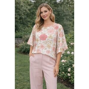Ruby Rd Pink Floral Flutter Sleeve Blouse Flowy Top‎ Size 1X NWT